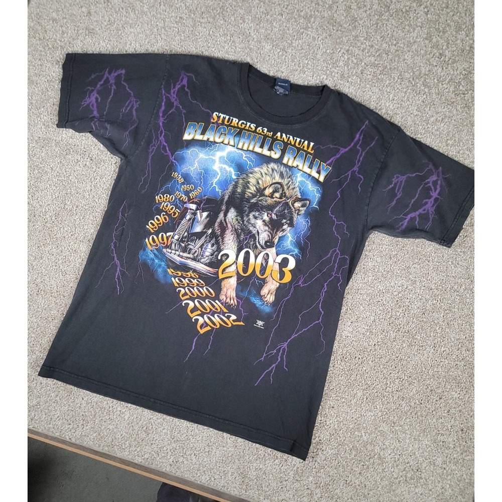 Vintage‎ Sturgis Biker T-Shirt Size XL Black Lightning Wolf 2003 Eagle Y2K Rally